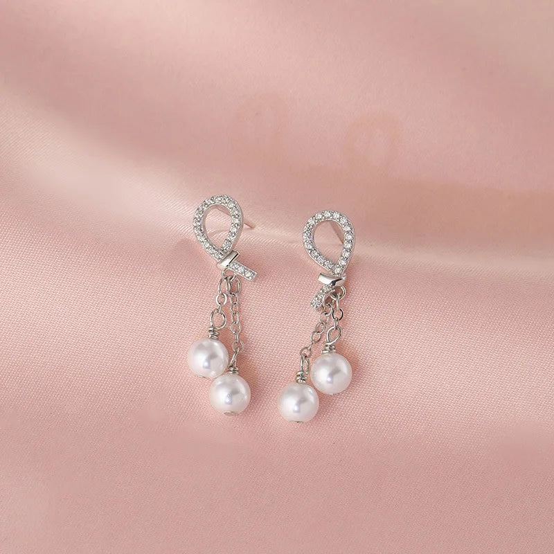 925 Sterling Silver Earring Charm Jewelry - Pearl Tassels Chain Sweet Bow - E6420 - Touchy Style