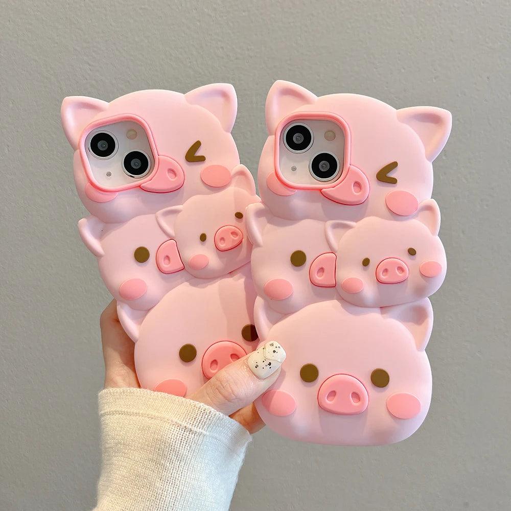 Cute Phone Cases for iPhone 14, 13, 12, and 11 Pro Max models - 3D Funny Pigs - Soft Silicone Cover - TSP251