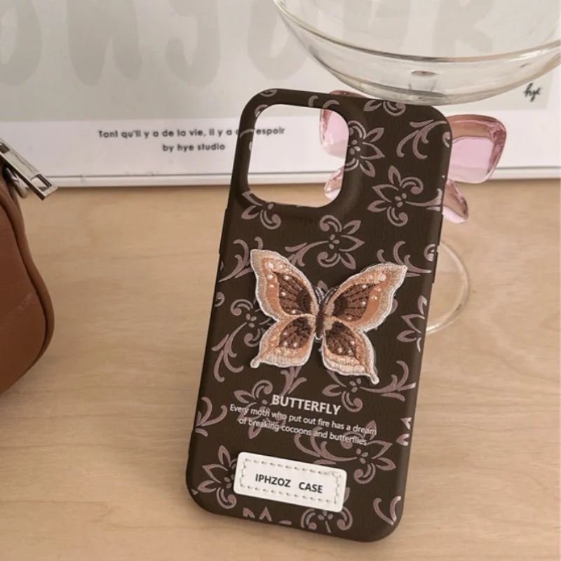 Cute Phone Cases For iPhone 12, 13, 14, 15, or 16 Pro Max - Stylish Embroidery Butterfly Pattern - TSP331