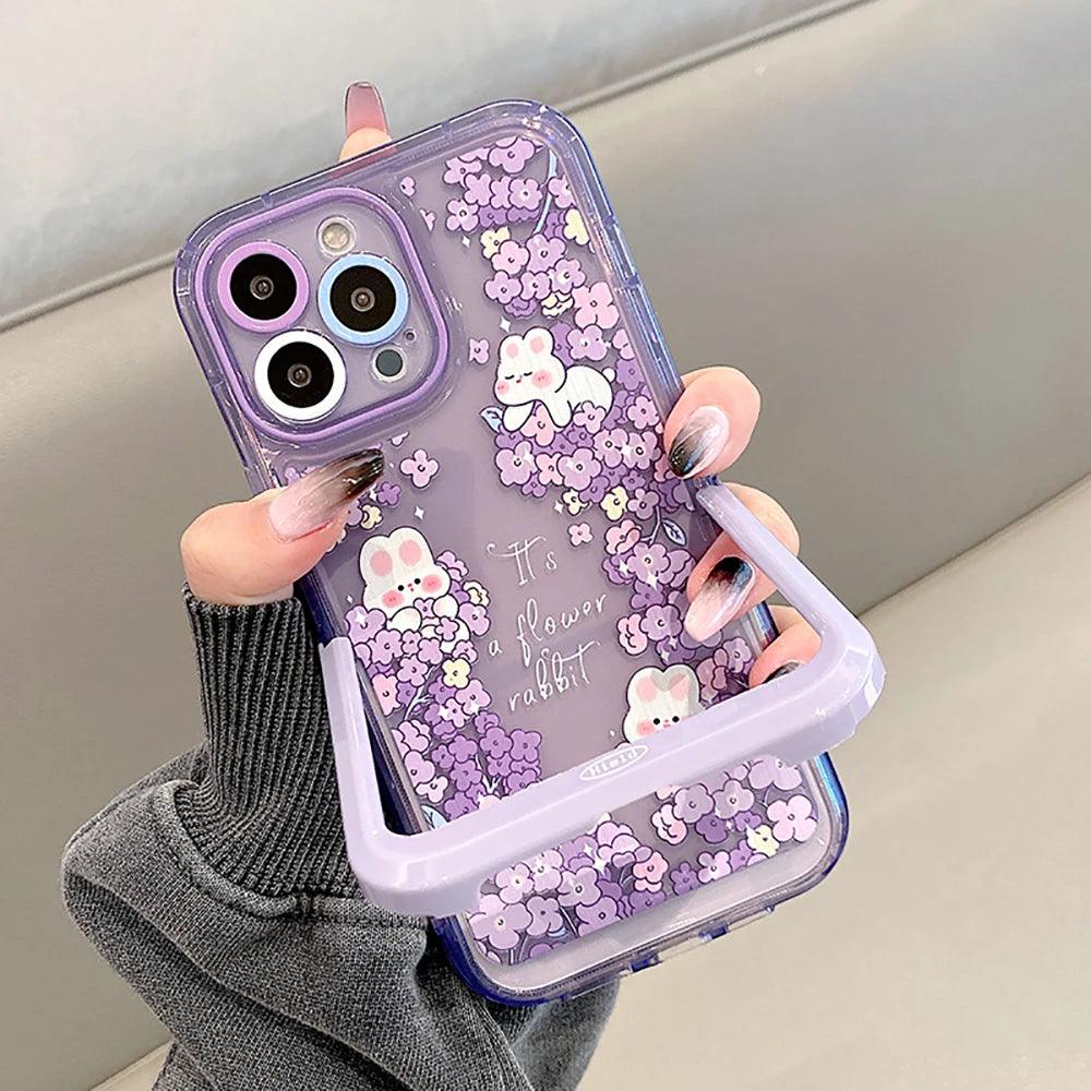 Purple Flowers Rabbit Cute Phone Cases with Stand Holder for iPhone 14 Pro Max 13 11 12 14 Plus