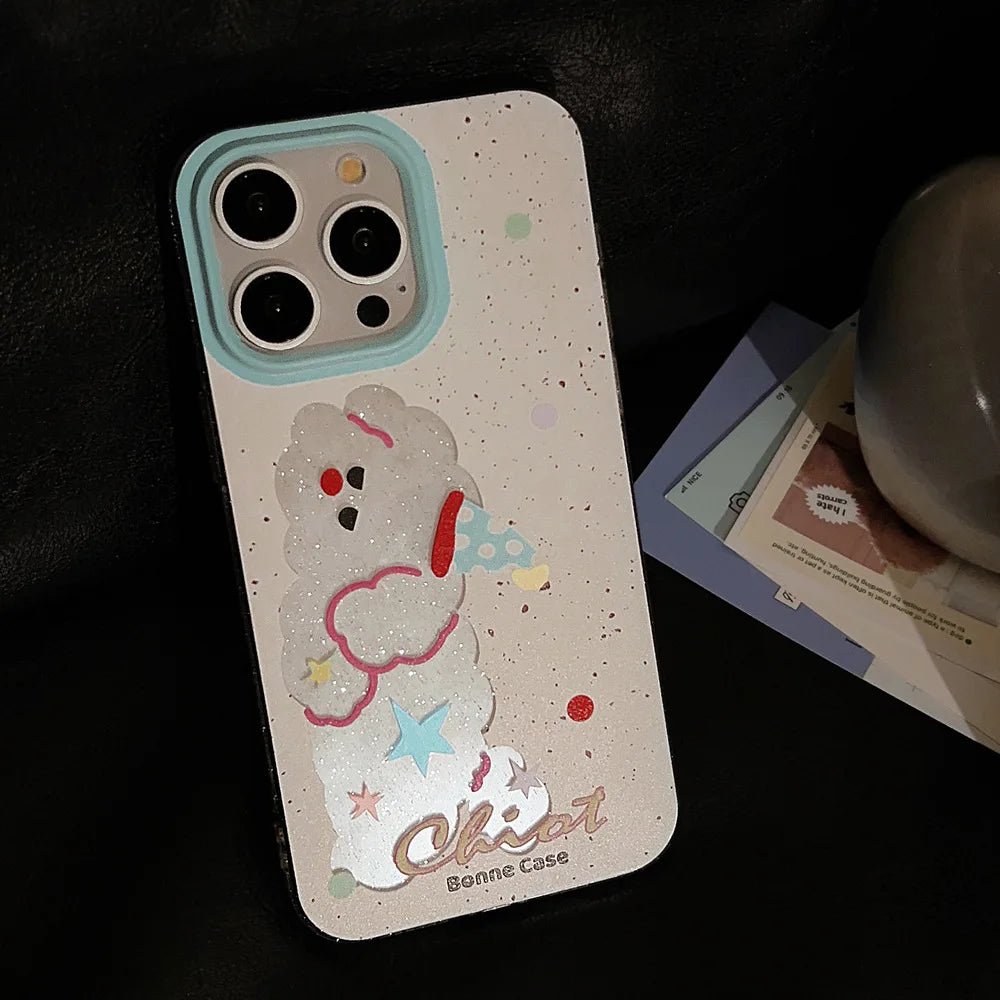 Cute Phone Cases For iPhone 16, 15, 14, 13, 12, 11 Pro Max, 15 Plus - Glitter Lazy Party Puppy - Transparent Cover - IC4011