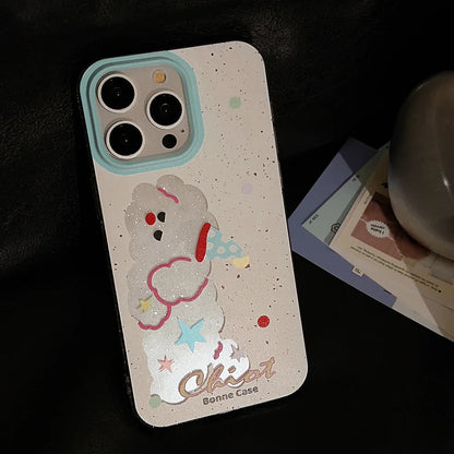 Cute Phone Cases For iPhone 16, 15, 14, 13, 12, 11 Pro Max, 15 Plus - Glitter Lazy Party Puppy - Transparent Cover - IC4011