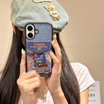 Cute Phone Cases For iPhone 16, 15, 14, 13 Pro Max - Denim Cloth Embroidery Cartoon Dog - PC5320