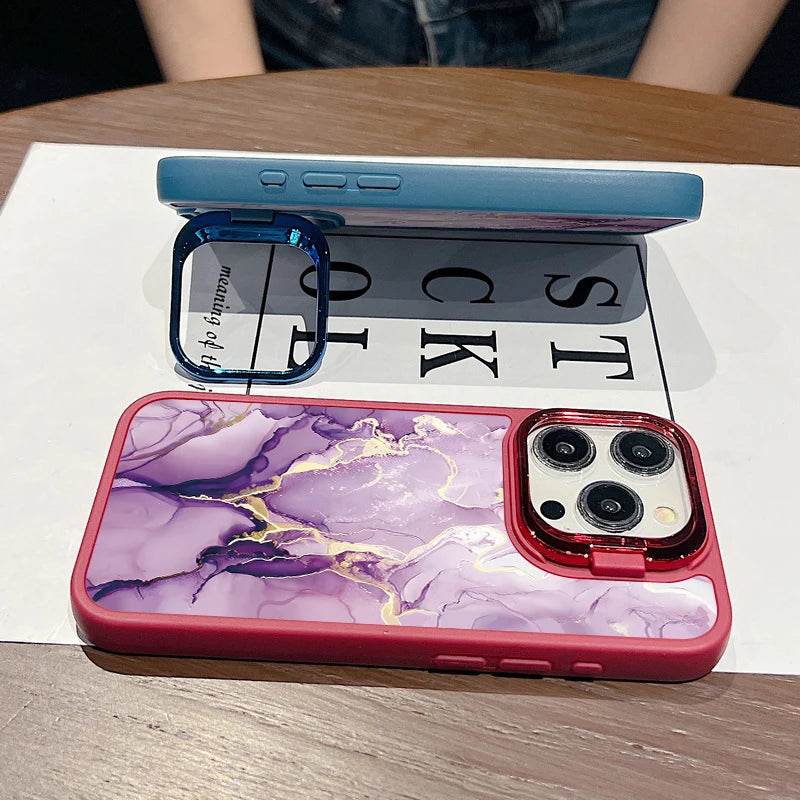 Cute Phone Cases For iPhone 16, 15 Pro Max, 14, 15 Plus, 13, 12 Pro Max, 11 - Lens Frame Holder - Purple Marble Printed Cover - PC6120 - Touchy Style