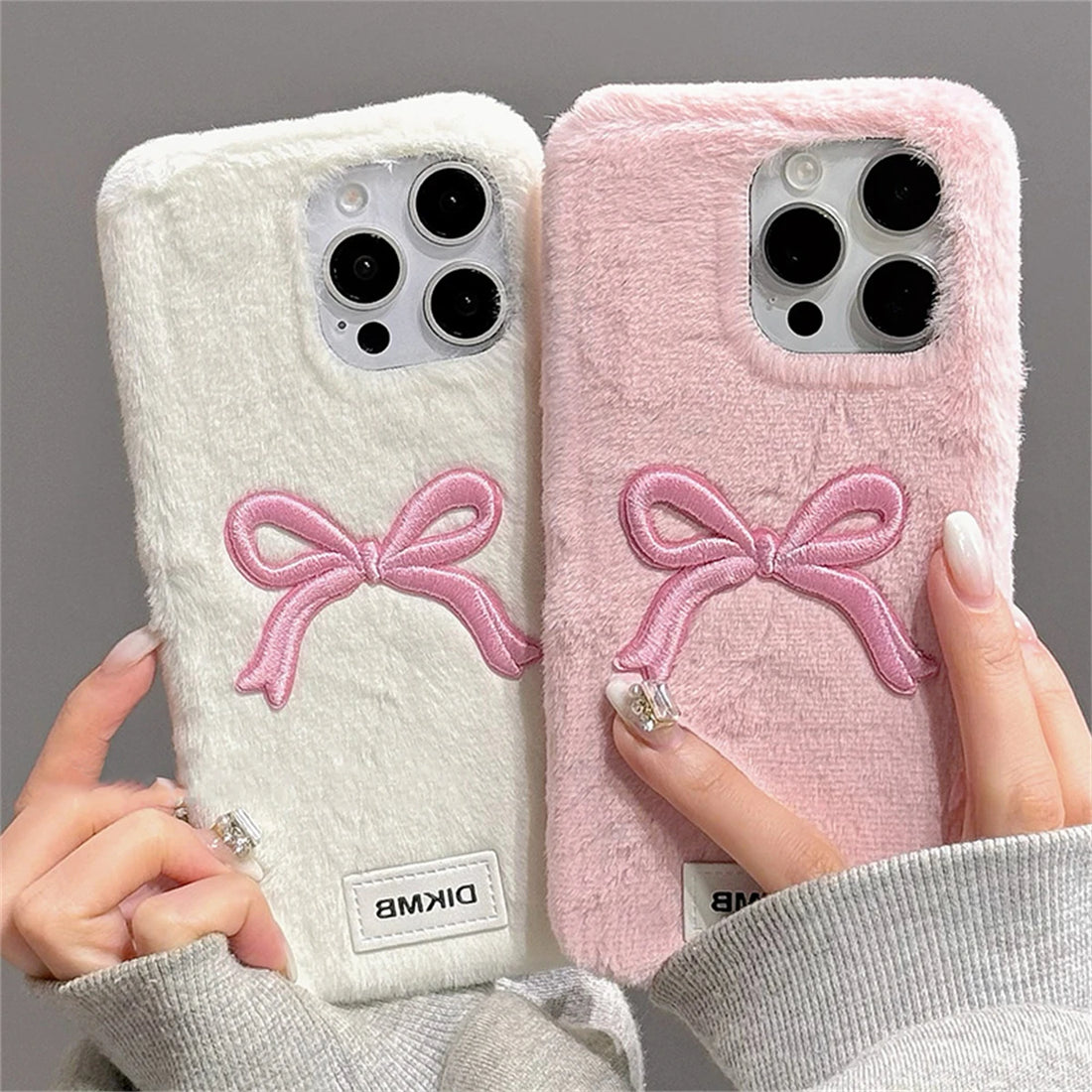 Cute Phone Cases for iPhone 16, 15, 14, and 13 Pro Max - 3D Embroidery Bow Plush Back Cover - TSP446