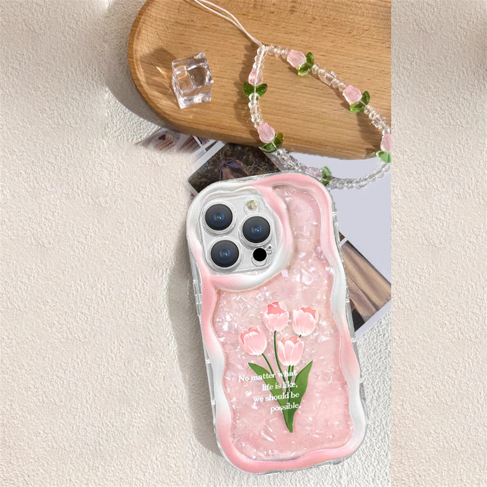 Cute Phone Cases For iPhone 11, 12, 13, 14, or Pro Max - Pink Tulip Shell Pattern, Flower Chain Lanyard - TSP432