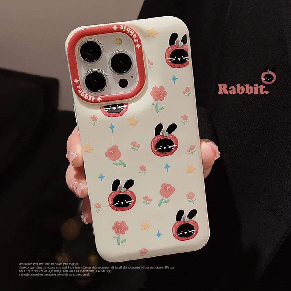 Cute Phone Cases For iPhone 16, 15, 14, 13, 12, 11 Pro Max, Xr, 16 Plus - Funny Tomato Black Rabbit Flowers Cover - IC6040 - Touchy Style