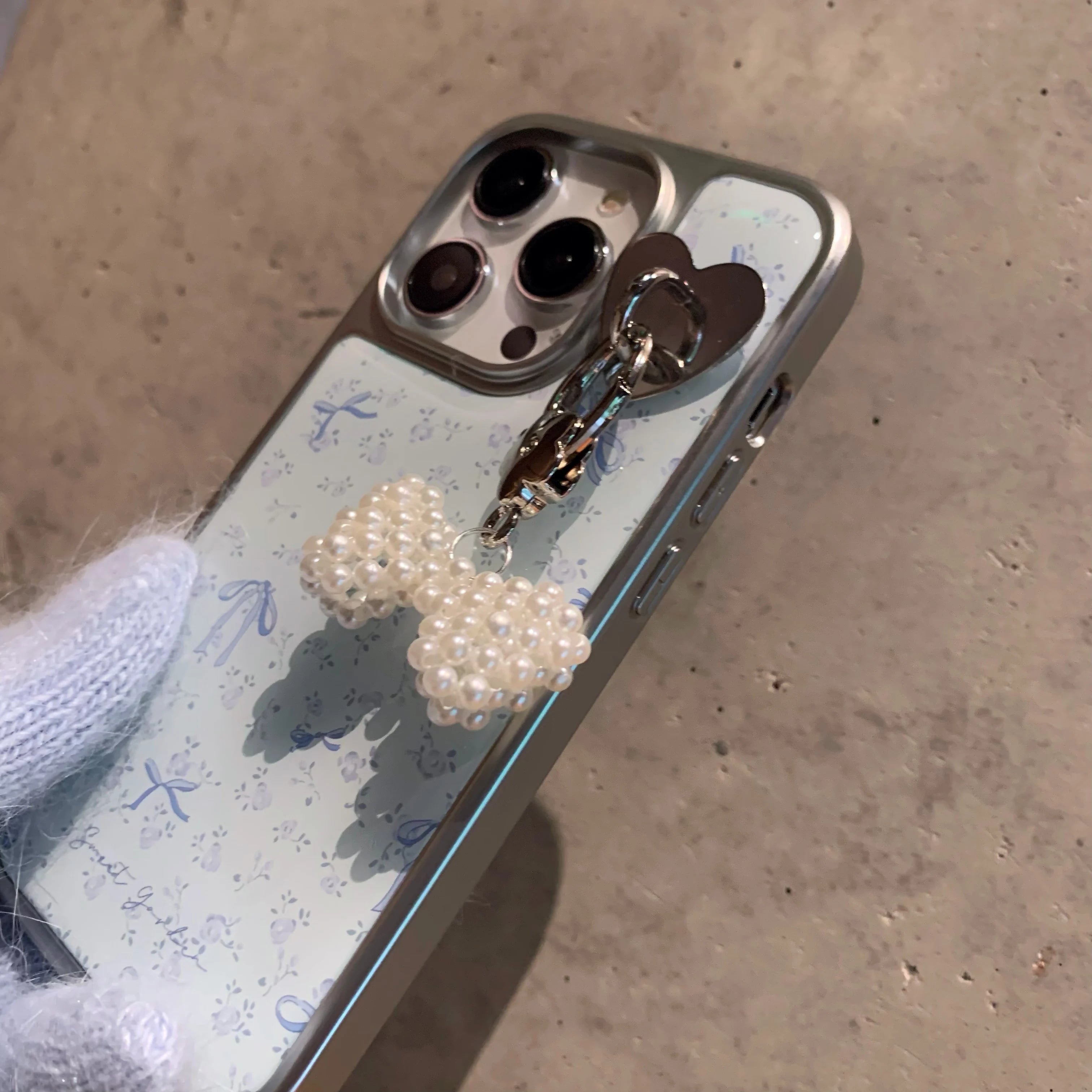 Cute Phone Cases For iPhone 16, 15, 14, 13 Pro Max - Electroplated Frame, Blue Bowknots Beads Dangle - Back Cover - PC0230