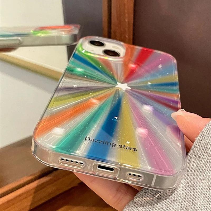 Cute Phone Cases For iPhone 15 Pro Max, 14, 13, 11, 12, or 15 Plus - Colorful Rainbow Stars - Glitter Cover - TSP278