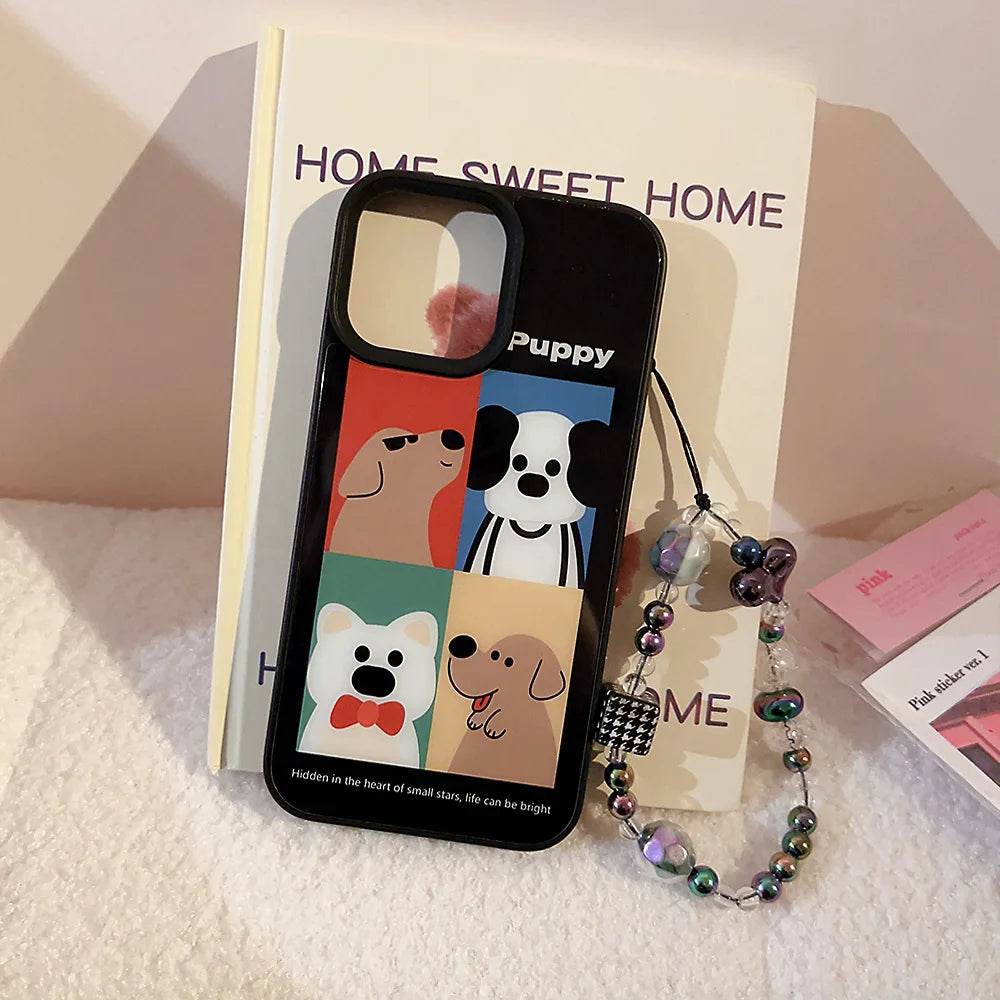 Cute Phone Cases For iPhone 16, 15, 14, 13, 12 Pro Max - Cartoon Puppy Illustration Art - Bracelet Pendant - Glass Shell Cover - CC5240 - Touchy Style