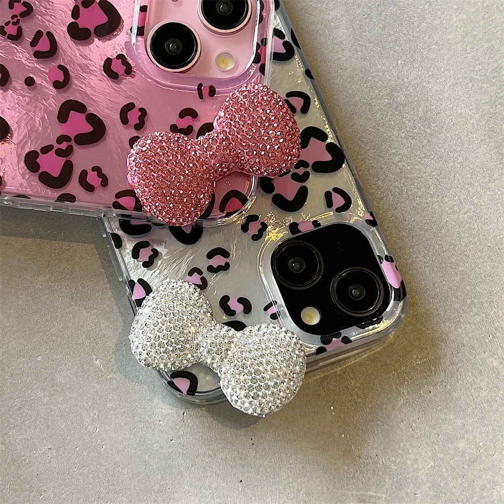 Cute Phone Cases: Stylish Leopard 3D Glitter Bow for iPhone 11-15 Pro Max - TSP317