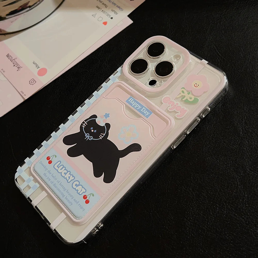 Cute Phone Cases For iPhone 16, 15, 14, 13, 12 Pro Max, Xr, 15 Plus - Cherry Party Black Cat Cartoon Cover - IC5190