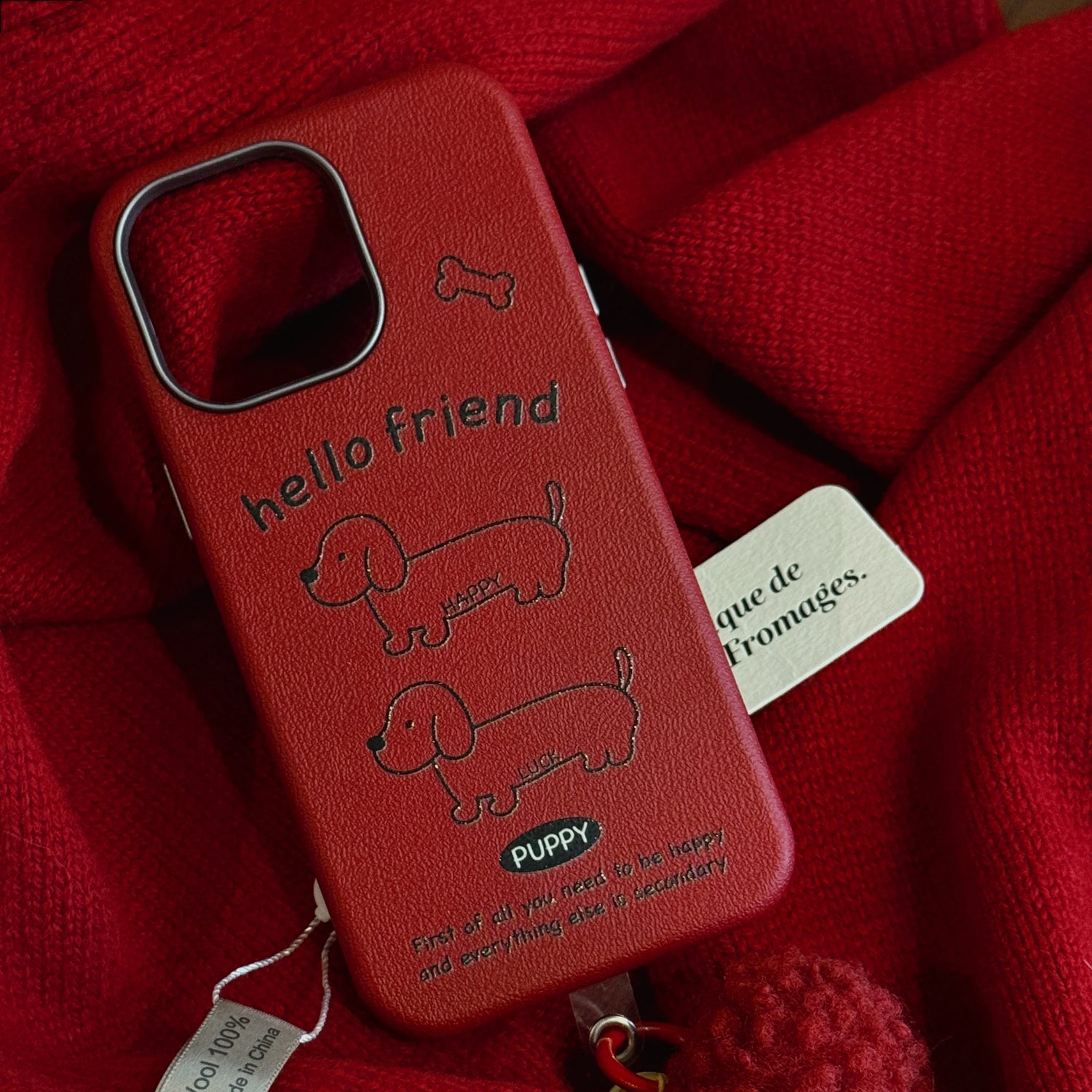 Cute Phone Cases For iPhone 16, 15, 14, 13 Pro Max - Red Leather Cover - Dog Pattern with Fluffy Dangle - PC616