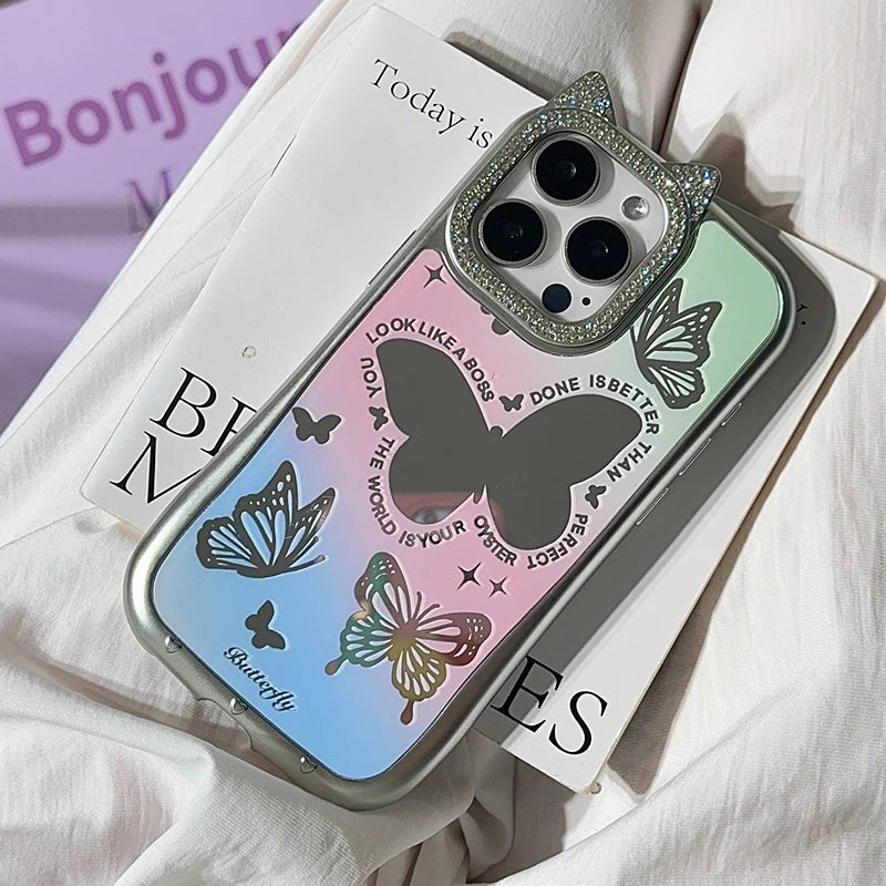 Cute Phone Cases: Lovely Butterfly Silver Mirror Back Cover with Cat Ears for iPhone 11-15 Pro Max - TSP288