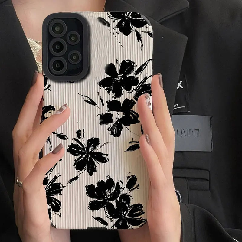 Cute Phone Cases For Galaxy S24, S23, S22 Ultra, S20 FE, A54, A14, A33, and more - Black Flowers Cover - TSP527