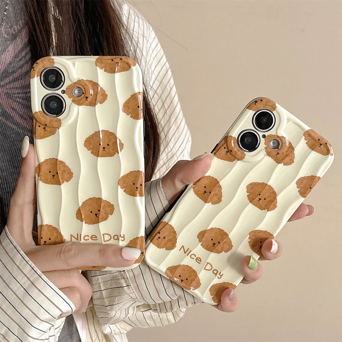 Cute Phone Cases For iPhone 16, 15, 14, 13, 12 Pro Max - Cartoon Teddy Dog - 3D Wavy Soft Cover - PC1520