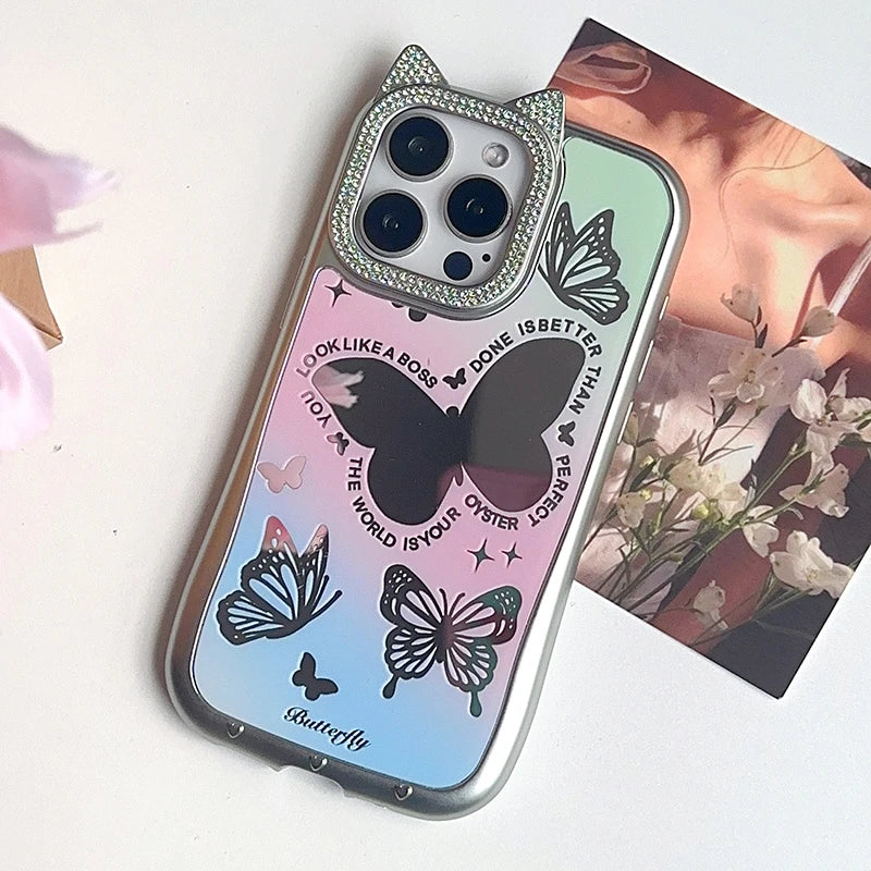 Cute Phone Cases: Lovely Butterfly Silver Mirror Back Cover with Cat Ears for iPhone 11-15 Pro Max - TSP288