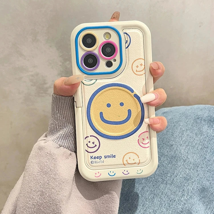 Invisible Bracket Cartoon Smile Leather Cute Phone Case for iPhone 11-15 Pro Max Plus