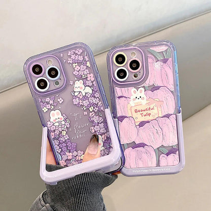 Purple Flowers Rabbit Cute Phone Cases with Stand Holder for iPhone 14 Pro Max 13 11 12 14 Plus