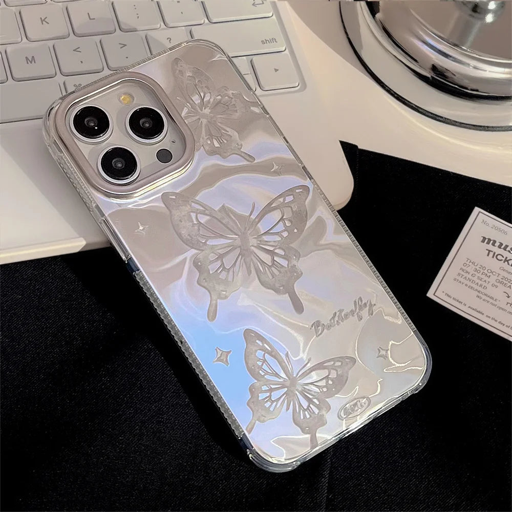 Cute Phone Cases For iPhone 15, 14, 13, 12 Pro Max, 14 Plus - Plating Water Ripple Butterfly Bumper Cover - PC2120