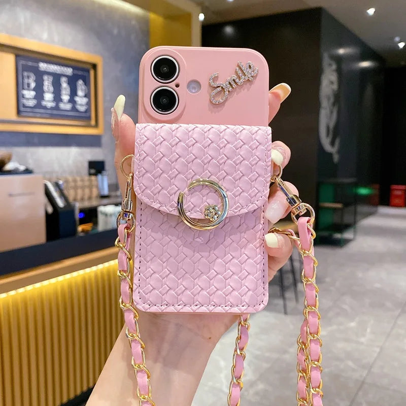 Cute Phone Cases for iPhone 16, 11, 12, 13, 14, 15 Pro Max - Woven Pattern - Wallet Card Holder with Lanyard Cover - NU415