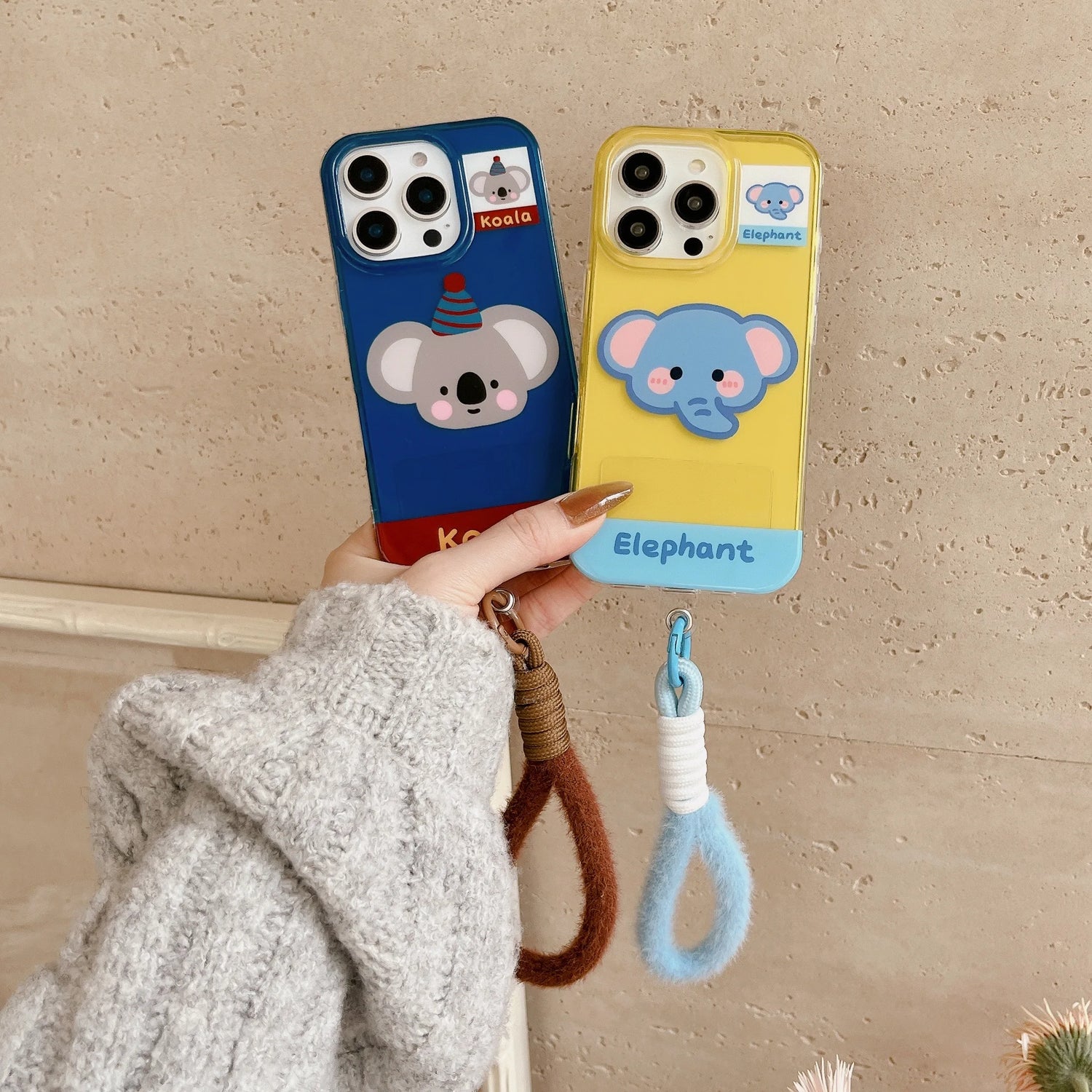 Cute Phone Cases For iPhone 16, 15, 14, 13 Pro Max - Cartoon Koala &amp; Elephant Pattern - Back Cover With Wrist Chain - PC0520