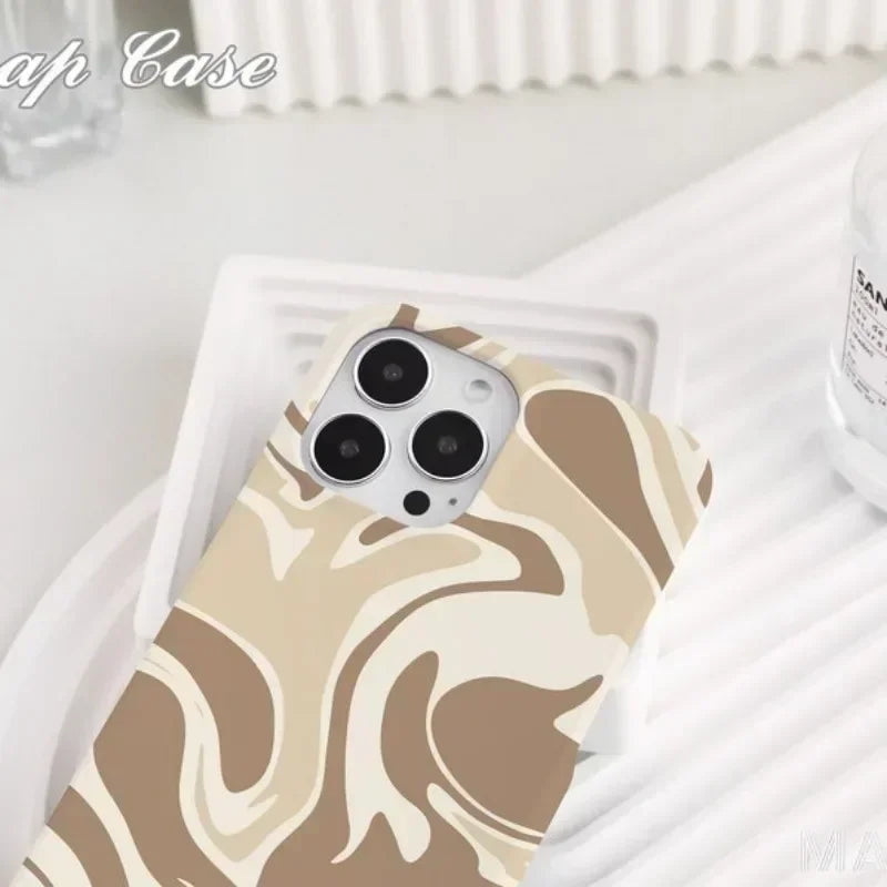 Cute Phone Cases For iPhone 16ProMax 15 14 13 12 11 PRO Plus - Brown Line Art Pattern - Acrylic TPU Cover