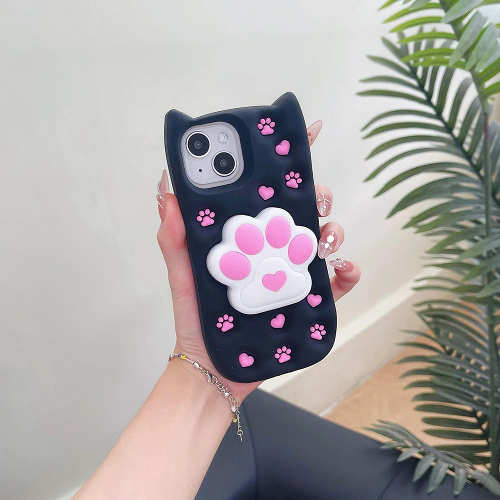 Cute Phone Cases: 3D Cat Paw Silicone Case with Stand for iPhone 15/14/13/12 Pro Max - TSP310