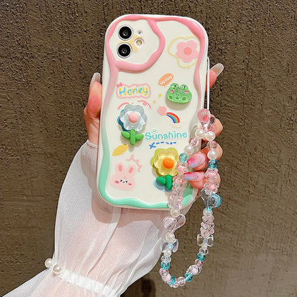 TSP181-B Cute Phone Cases For iPhone 15, 14, 13 Pro Max - With Cartoon Bracelet Chain, Transparent Cover