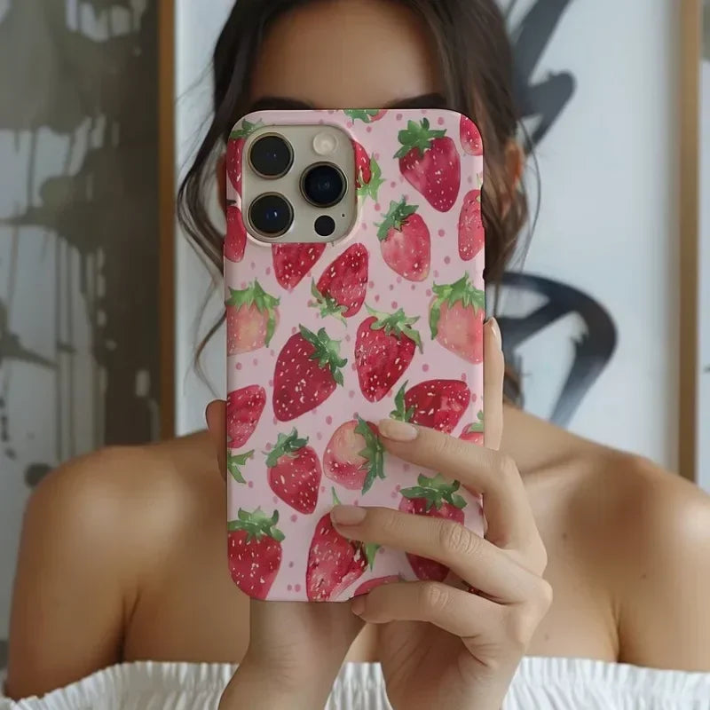 Cute Phone Cases For iPhone 16ProMax 15 14 13 12 11 PRO Plus - Watercolor Strawberry Pattern - Acrylic TPU Cover