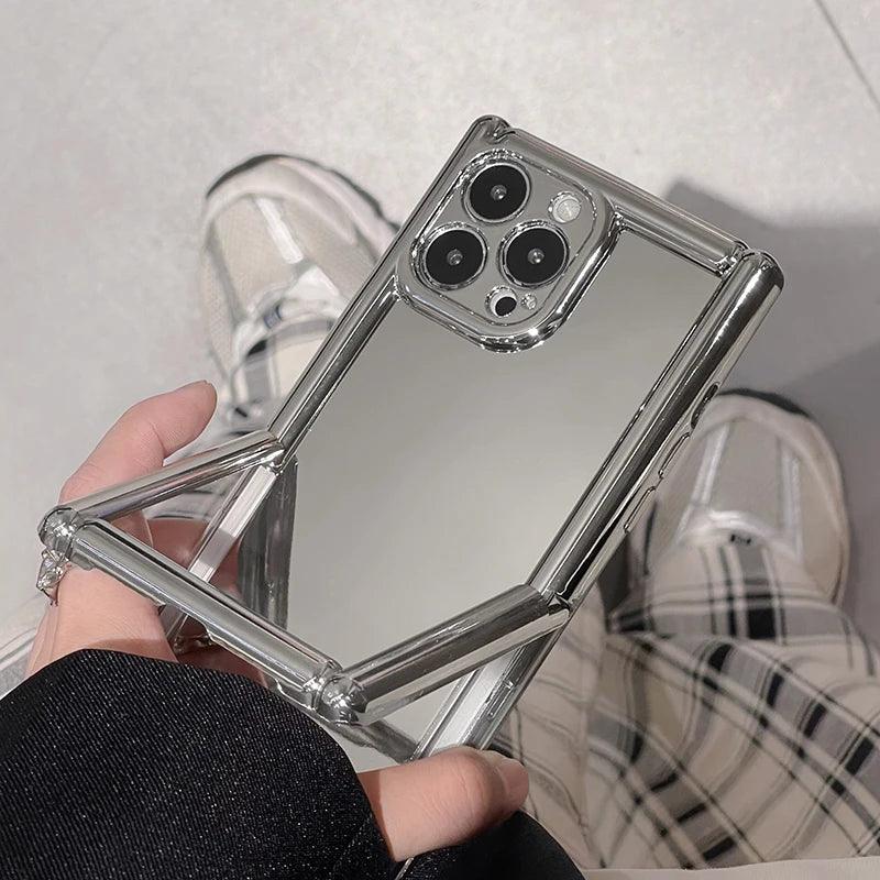 Cute Phone Cases for iPhone 15, 14, 13, 12, and 11 Pro Max - Plating Silver Mirror - Invisible Stand Holder - TSP261