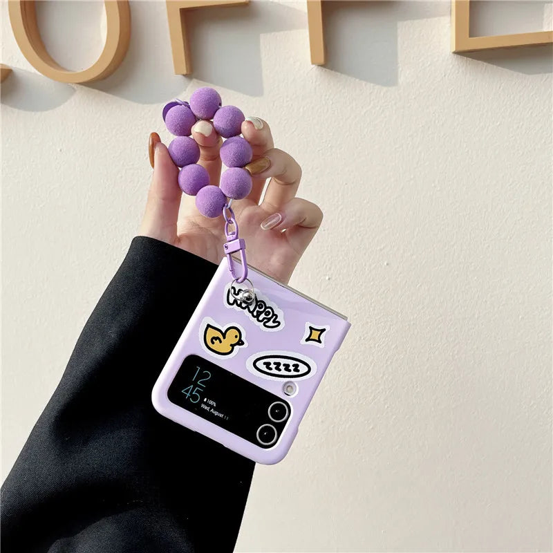 TSP76 Cute Phone Cases For Galaxy Z Flip 3 4 Flip4 5G - Cartoon Purple Cover With Lanyard