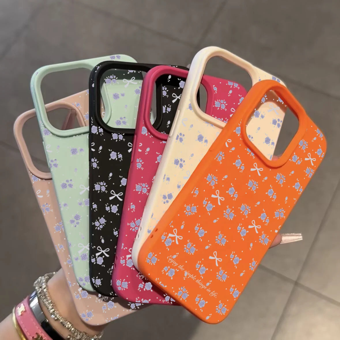 cute Phone Cases For iPhone 16 15 14 Pro Max 13 12 11 - Flower Lichee and Bowknots Pattern - Silicone Back Cover