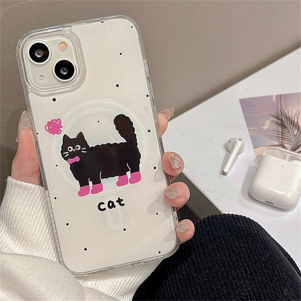 Cute Phone Cases For iPhone 13, 15, 14, 12, 11 Pro Max, 14, 15 Plus - Korean Cartoon Cat - Card Slot - PC6320