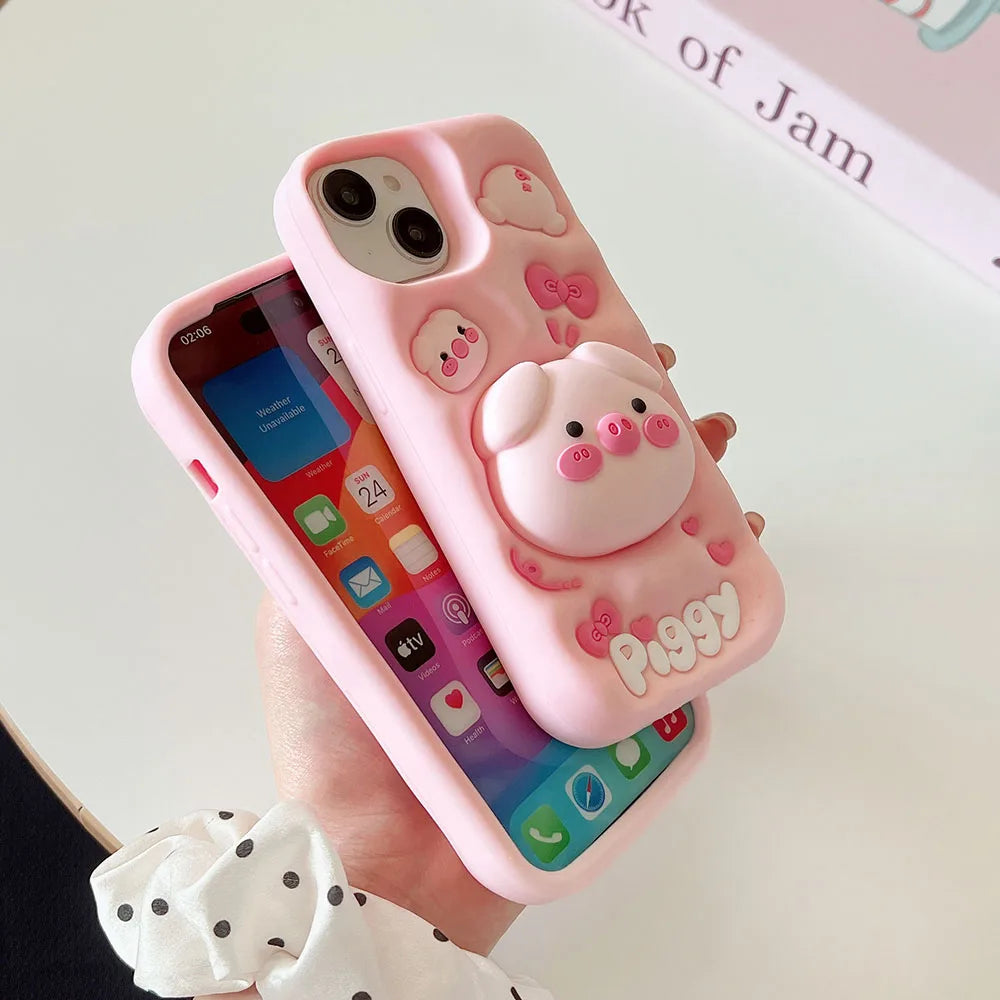 Cute Phone Cases for iPhone 15 Pro Max, 14, 13, 12, and 11 - Funny Pig Piggy, Telescopic Bracket - TSP284