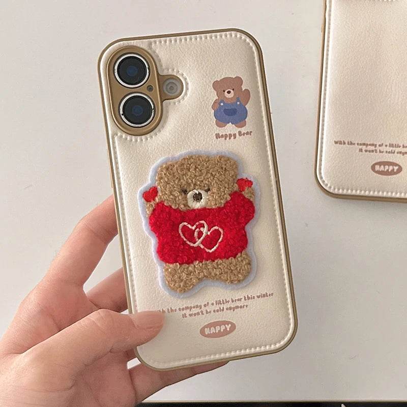 Cute Phone Cases For iPhone 16 Pro Max, 15, 13, 14 - Embroidered Heart &amp; Bear Pattern - Leather Cover - PC1421 - Touchy Style