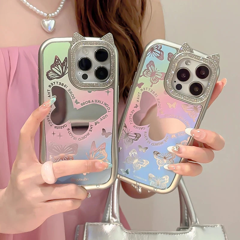 Cute Phone Cases: Lovely Butterfly Silver Mirror Back Cover with Cat Ears for iPhone 11-15 Pro Max - TSP288