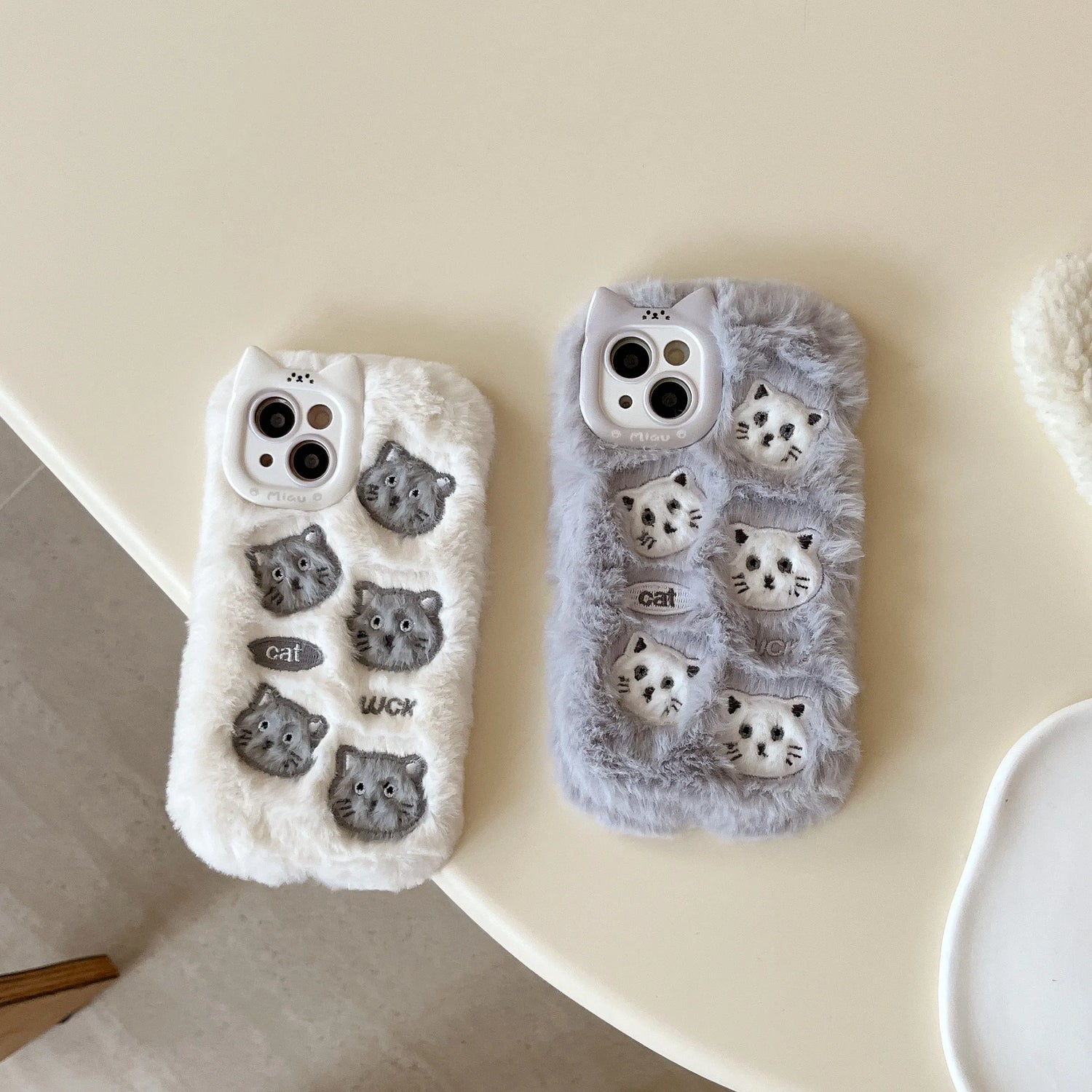 Cute Phone Cases For iPhone 16, 15, 14, 13 Pro Max - Grey &amp; White Fluffy Cat Pattern - Cat Ear Lens Frame - PC6430