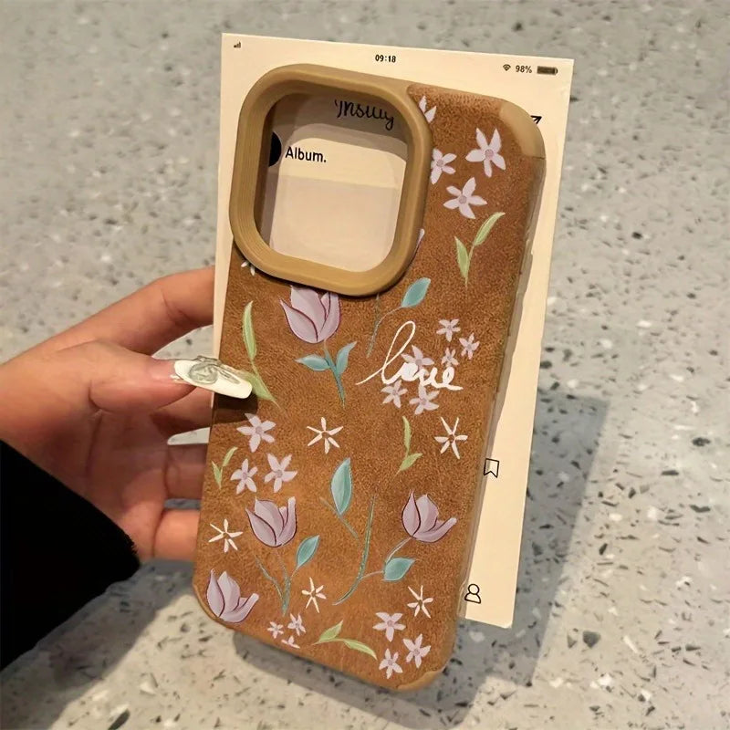 Cute Phone Cases For iPhone 11 12 13 Pro Max 14 15 16 Plus XS X XR 16 - Tulip Flower Pattern - Leather Bumper Cover