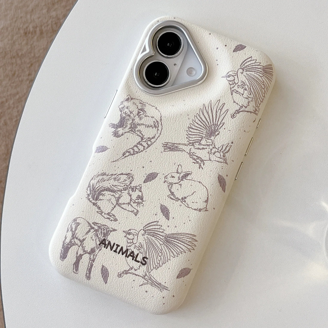 Cute Phone Cases For iPhone 16, 15, 14, 13 Pro Max - 3-in-1 Leather Animal Pattern Heart Lens Frame Puff - PC2420 - Touchy Style