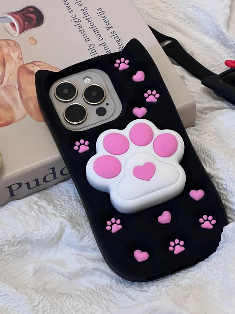 Cute Phone Cases: 3D Cat Paw Silicone Case with Stand for iPhone 15/14/13/12 Pro Max - TSP310