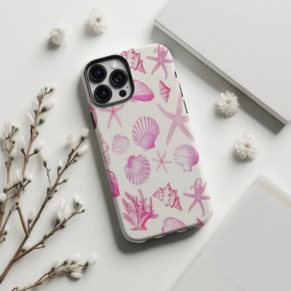 Cute Phone Cases For iPhone 16ProMax, 15, 14, 13, 12, 11 PRO, 11 Plus - Pink Seashell Pattern - Acrylic TPU Cover - IC7221