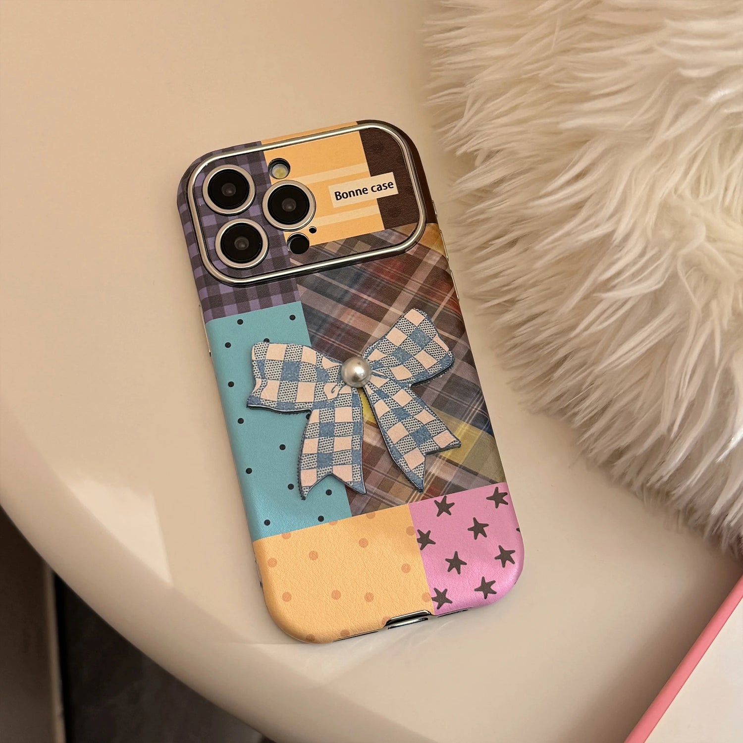 Cute Phone Cases iPhone 16, 15, 14, 13 Pro Max - Leather Texture Splicing Checker Bowknot Sticker Cover - PC3550