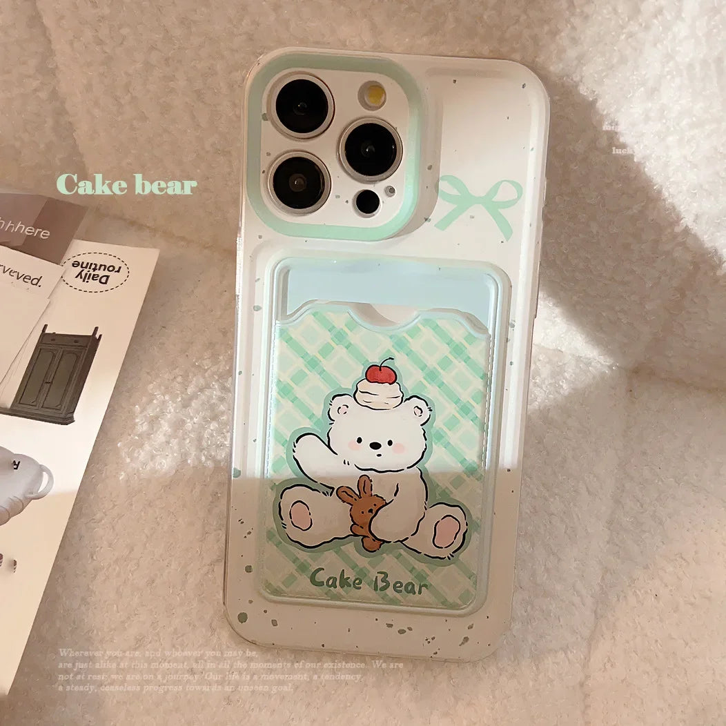 Cute Phone Cases For iPhone 16, 15, 14, 13 Pro Max, Xr, 15, 14, 16 Plus - Cherry Cake Bear Doll - Green plaid Photo Card Holder - IC5320