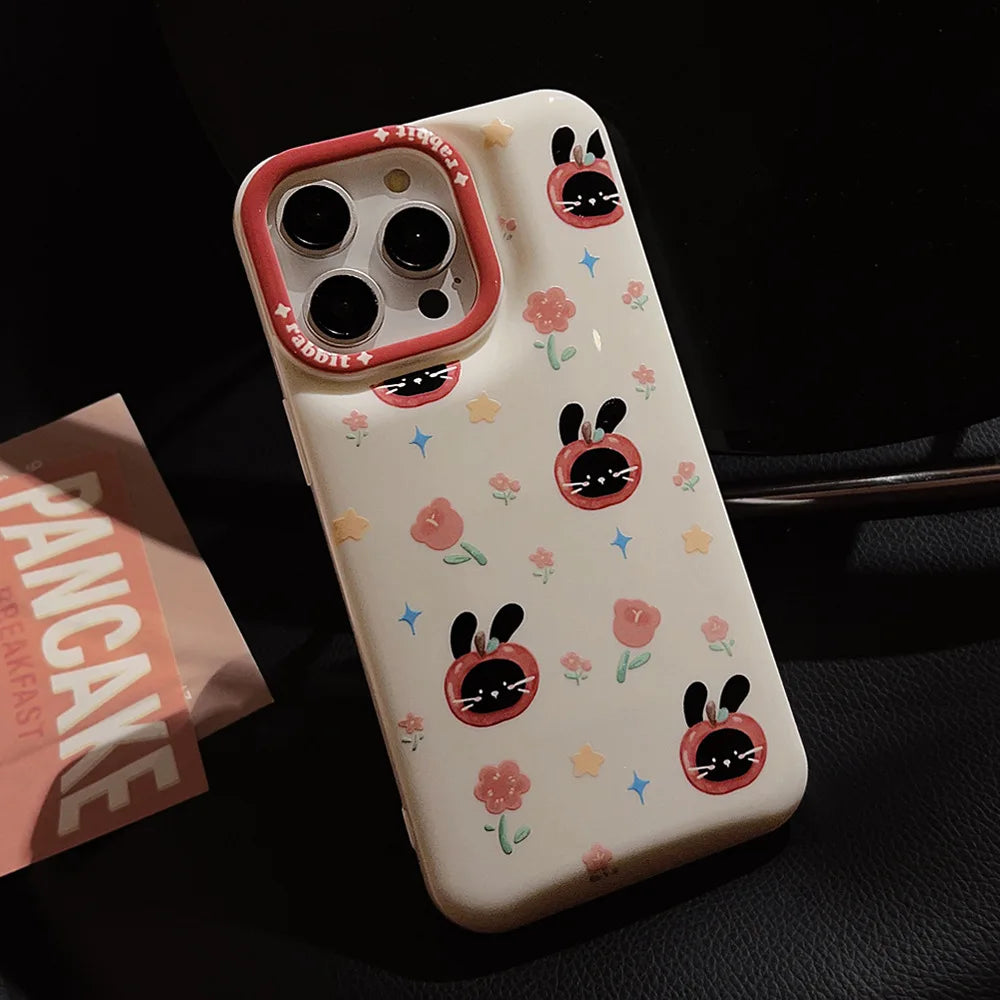 Cute Phone Cases For iPhone 16, 15, 14, 13, 12, 11 Pro Max, Xr, 16 Plus - Funny Tomato Black Rabbit Flowers Cover - IC6040