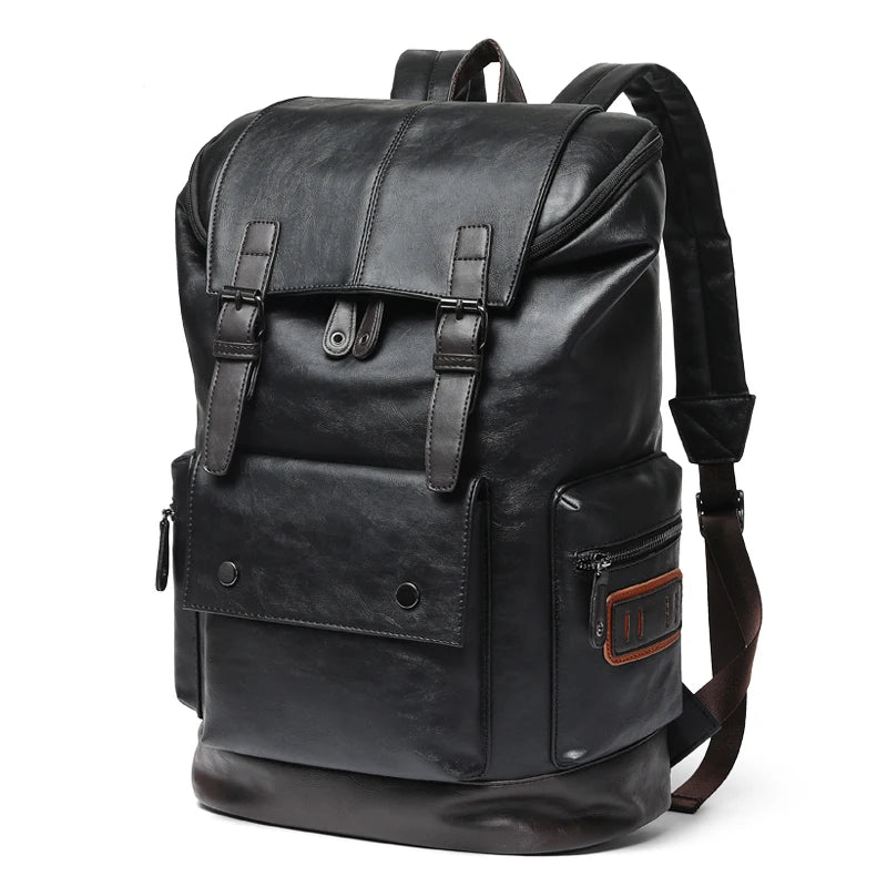 Black Pu Leather Cool Backpack For Men&