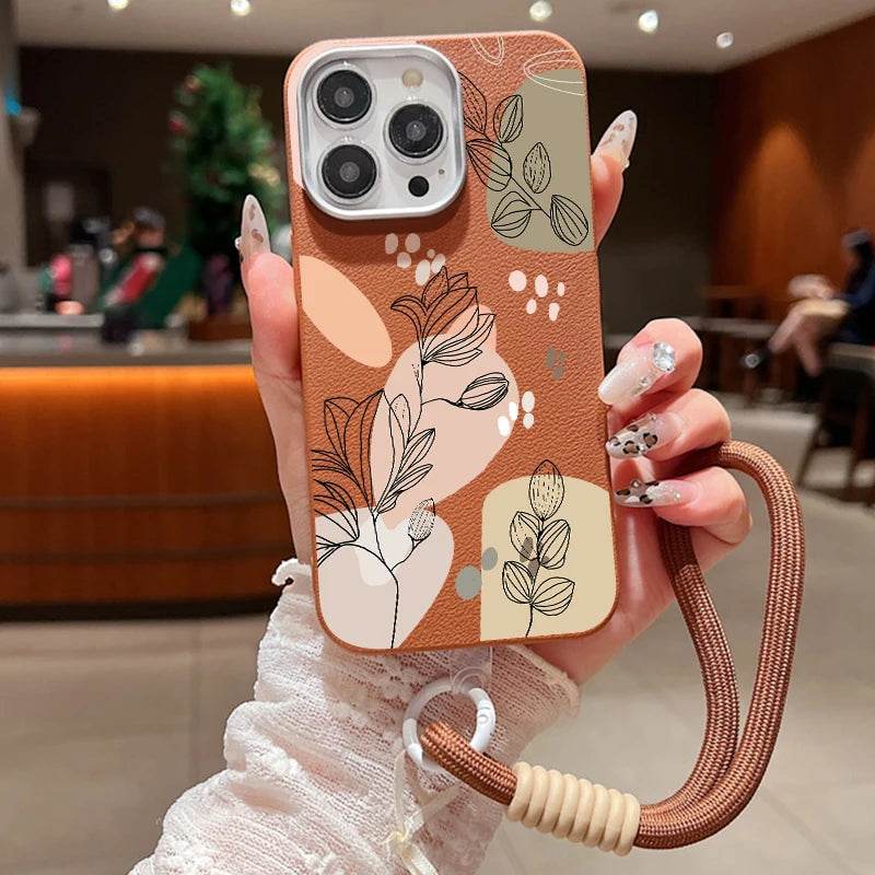 Cute Phone Cases For iPhone 16, 15 Pro Max, 14 Plus, 13, 12 Pro Max - Printed Flowers Leather Cover with Lanyard - PC6320 - Touchy Style