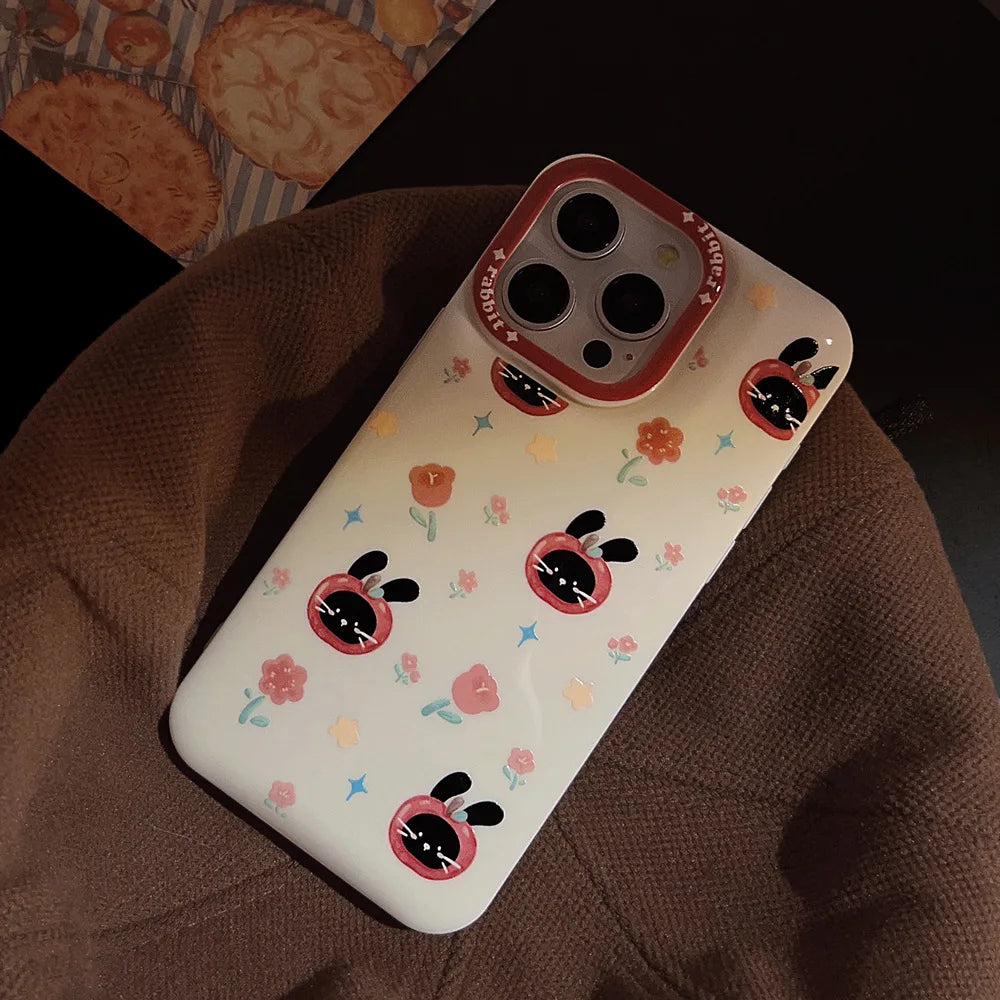 Cute Phone Cases For iPhone 16, 15, 14, 13, 12, 11 Pro Max, Xr, 16 Plus - Funny Tomato Black Rabbit Flowers Cover - IC6040