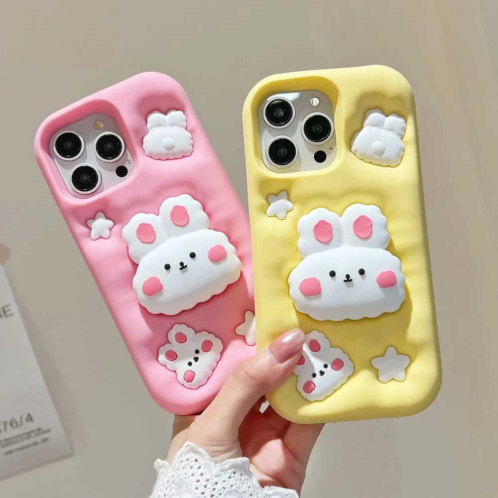 Cute Phone Cases - 3D Rabbit Folding Silicone Stand Cover for iPhone 15/14/13/12/11 Pro Max - TSP286