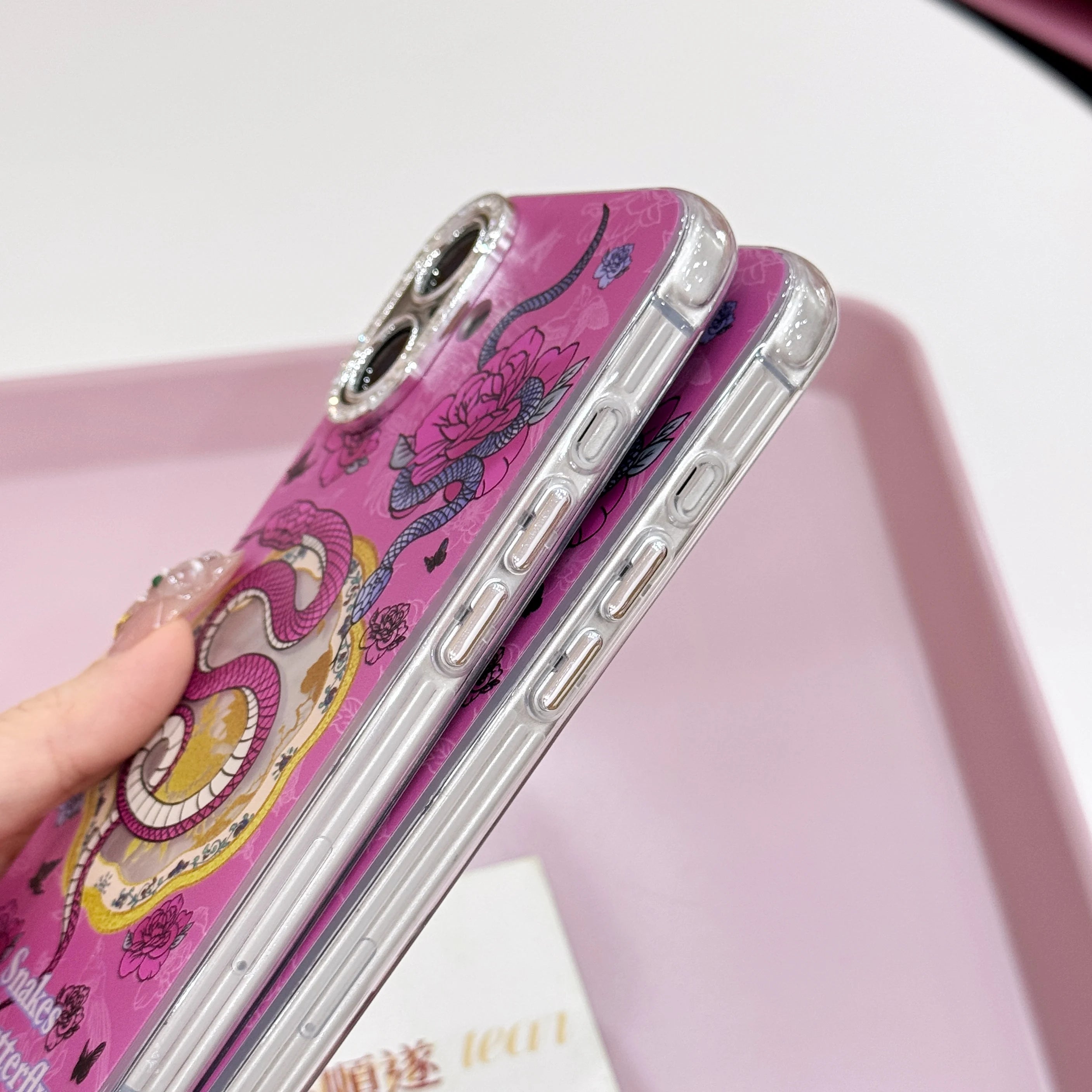 Cute Phone Cases For iPhone 16, 15, 14, 13 Pro Max - Rose Pink Snake &amp; Roses - Lens Protection Chic Back Cover - PC9140